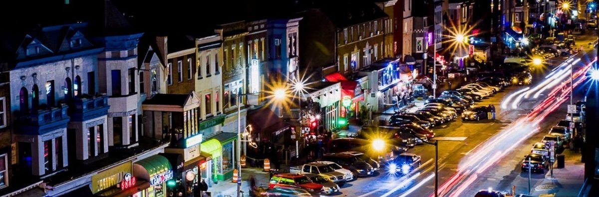 night scene of Adams Morgan, a well-known neighborhood in Washington, D.C. 