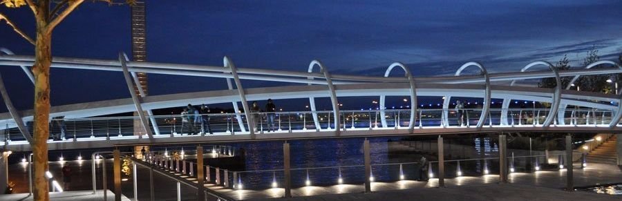 Yards Park Pedestrian Bridge at night, located in Washington, D.C. 