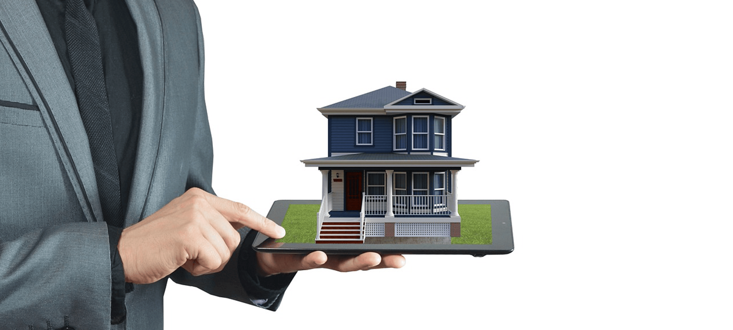agent holding a tablet with a model home on it