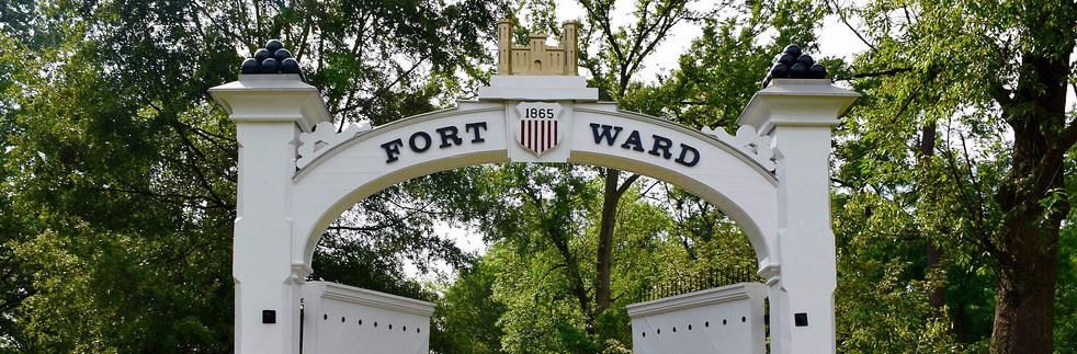  the ceremonial entrance gate of Fort Ward, a preserved Civil War-era fort and museum located in Alexandria, Virginia. 
